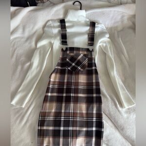 SHEIN Brown Plaid Pinafore Dress with Adjustable Straps